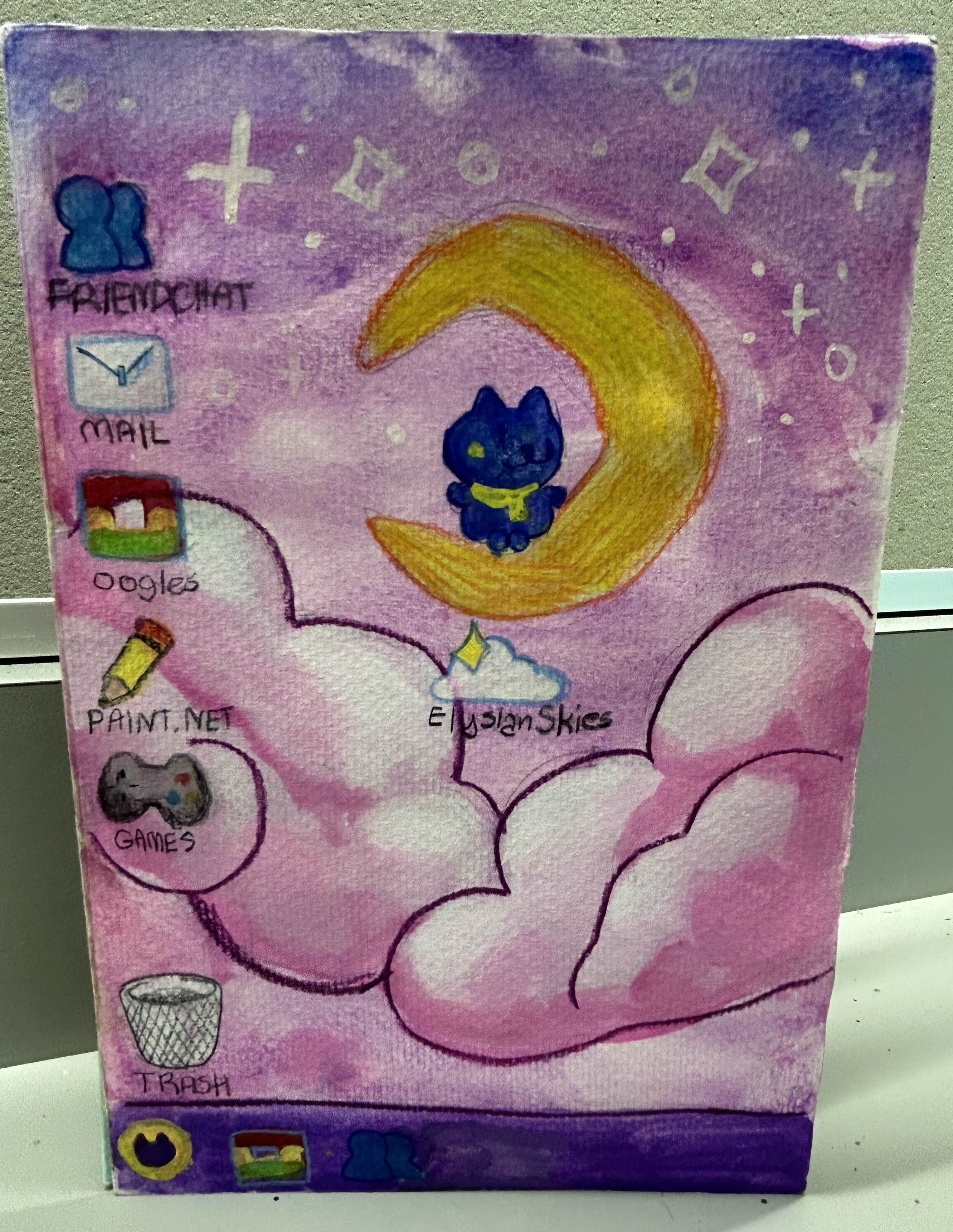 Purple computer screen with a wallpaper that says Elysian Skies