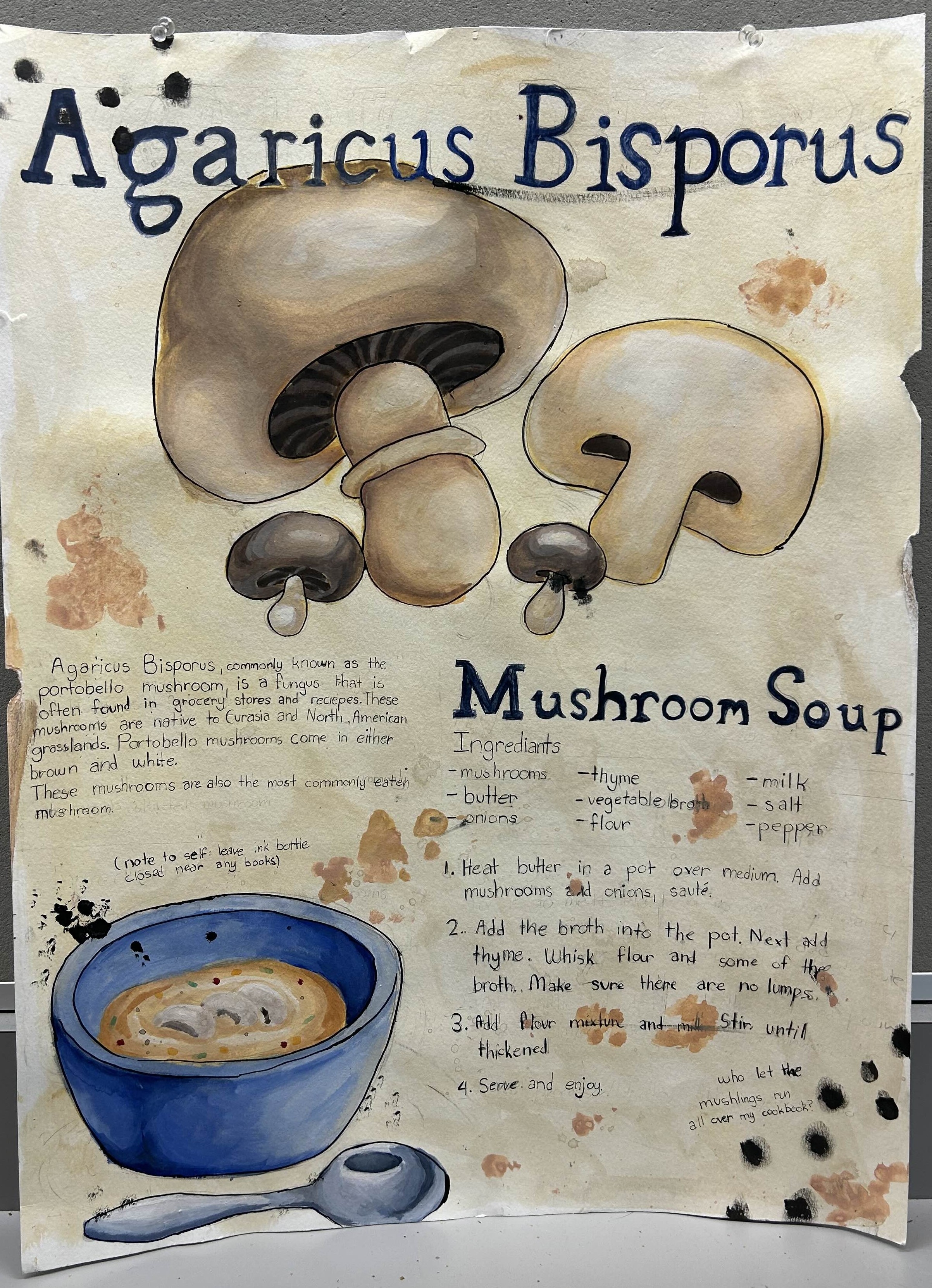 A recipe page for mushroom soup. The edges are slightly torn and the paper is yellowed. Ink blots are everywhere.