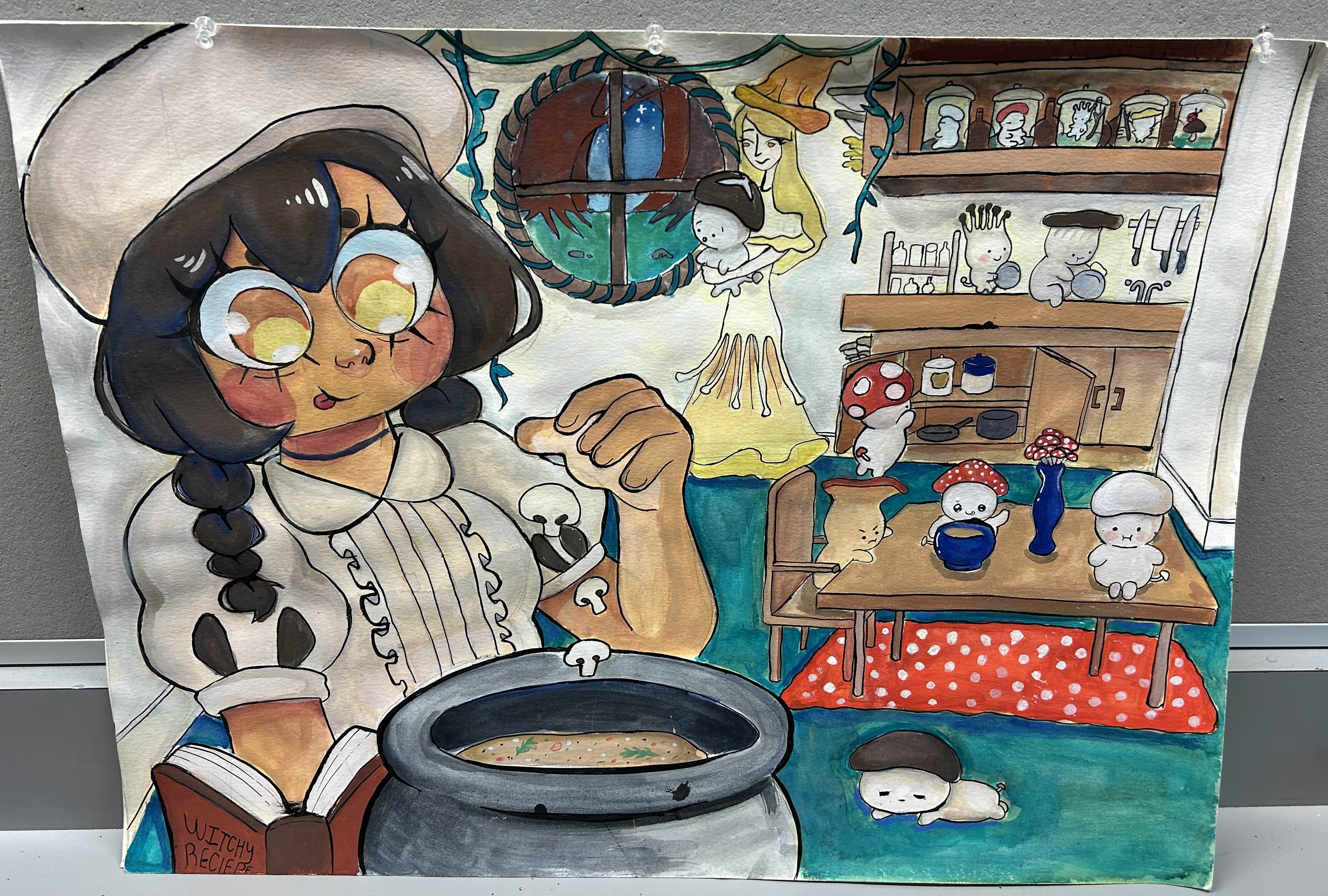 Mushroom witch sprinkling mushrooms into a cauldron full of mushroom soup in a cozy yellow kitchen. A yellow mushroom witch holds a mushroom creature called Mushlings in the background. Several other mushlings are causing chaos.