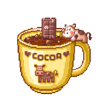 Hot chocolate in a yellow cow cup. A chocolate is stirring the drink.