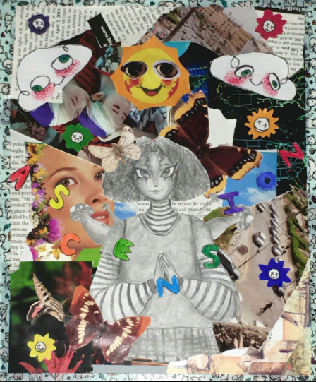 Art of a random girl. There is a collage of images behind her